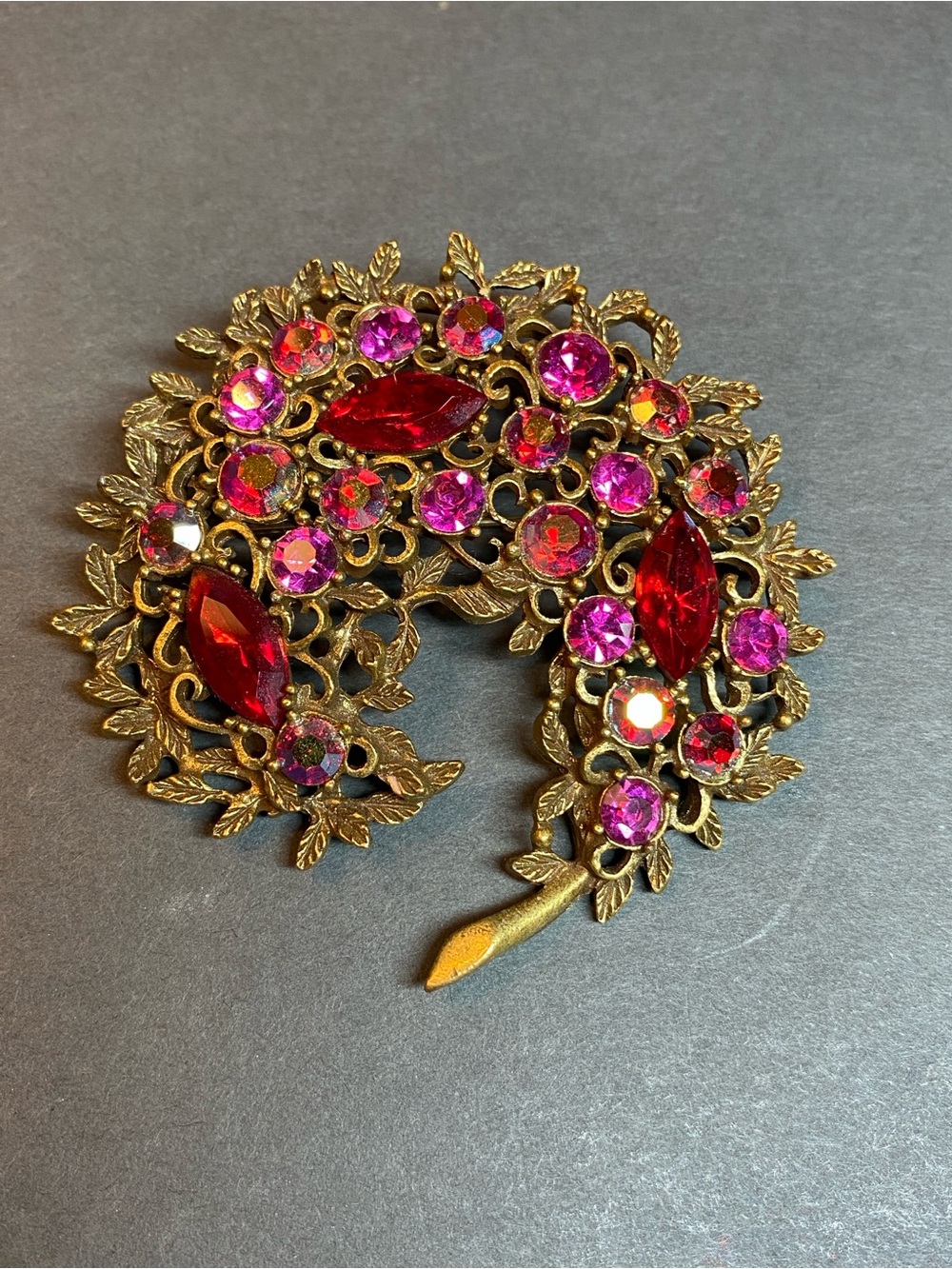 Vintage 1960’s EMMONS BROOCH Gold Red pink Rhinestone Curled Leaf PIN